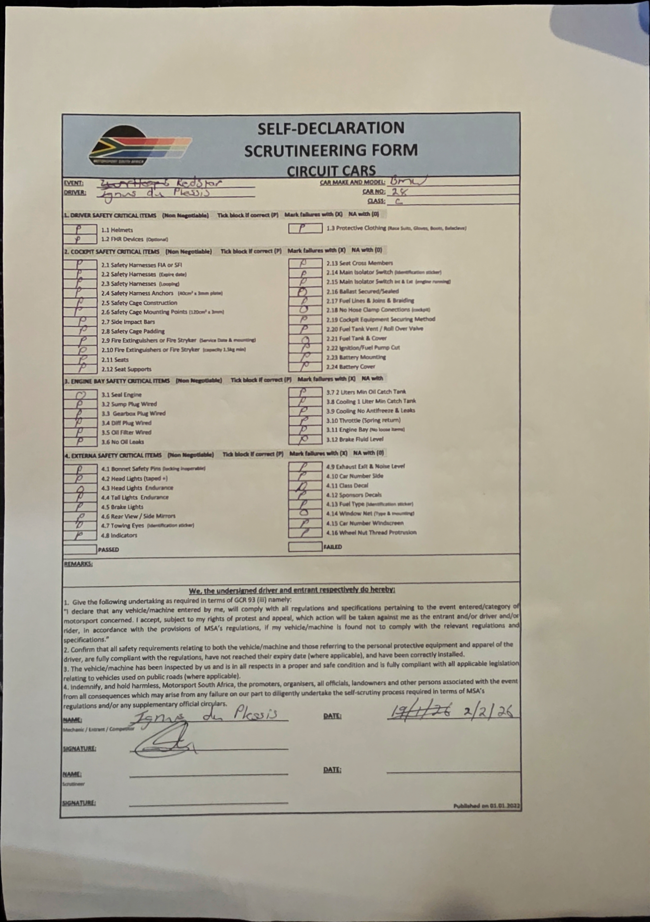 Signed Scrutineering Form