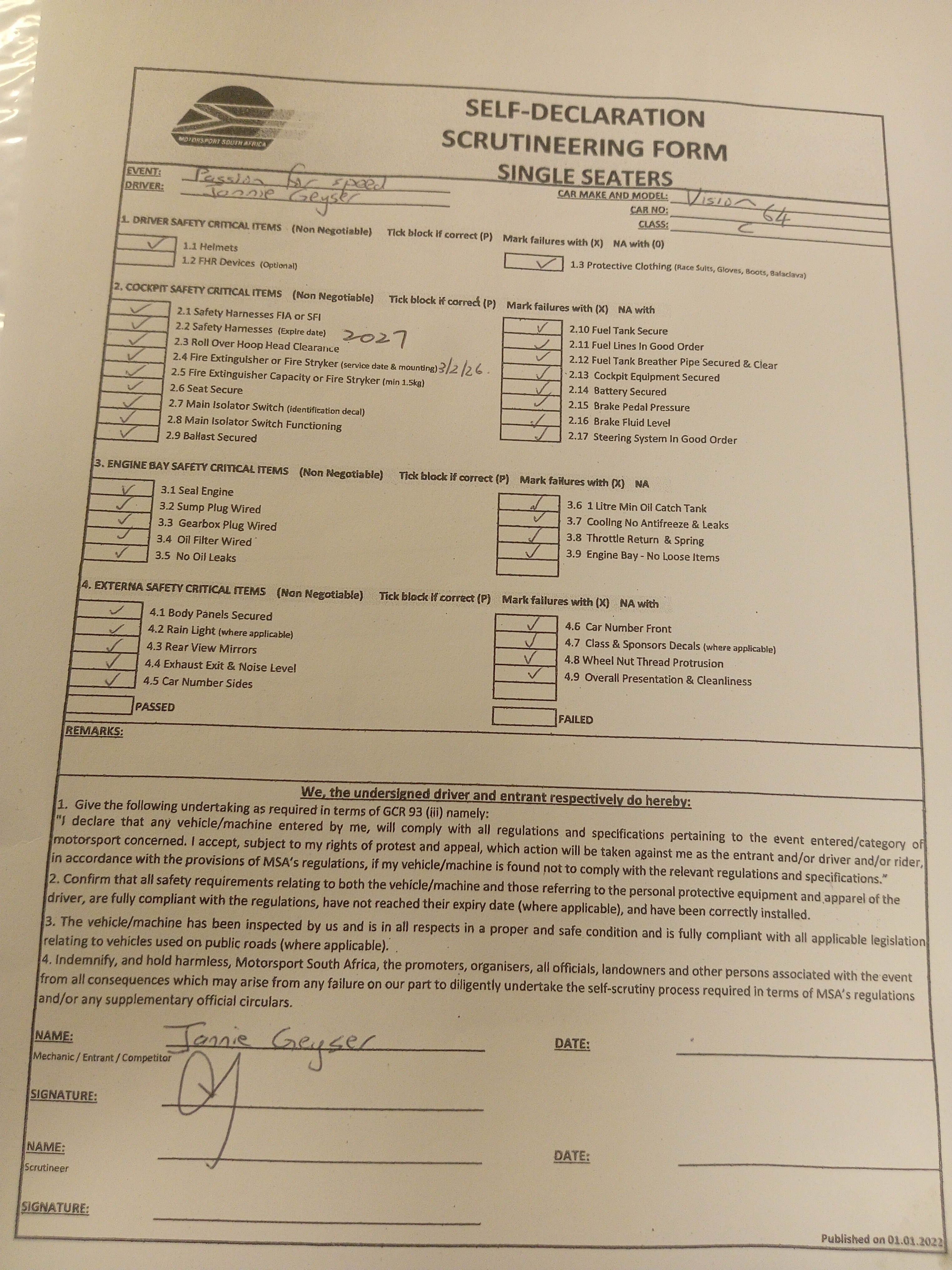 Signed Scrutineering Form