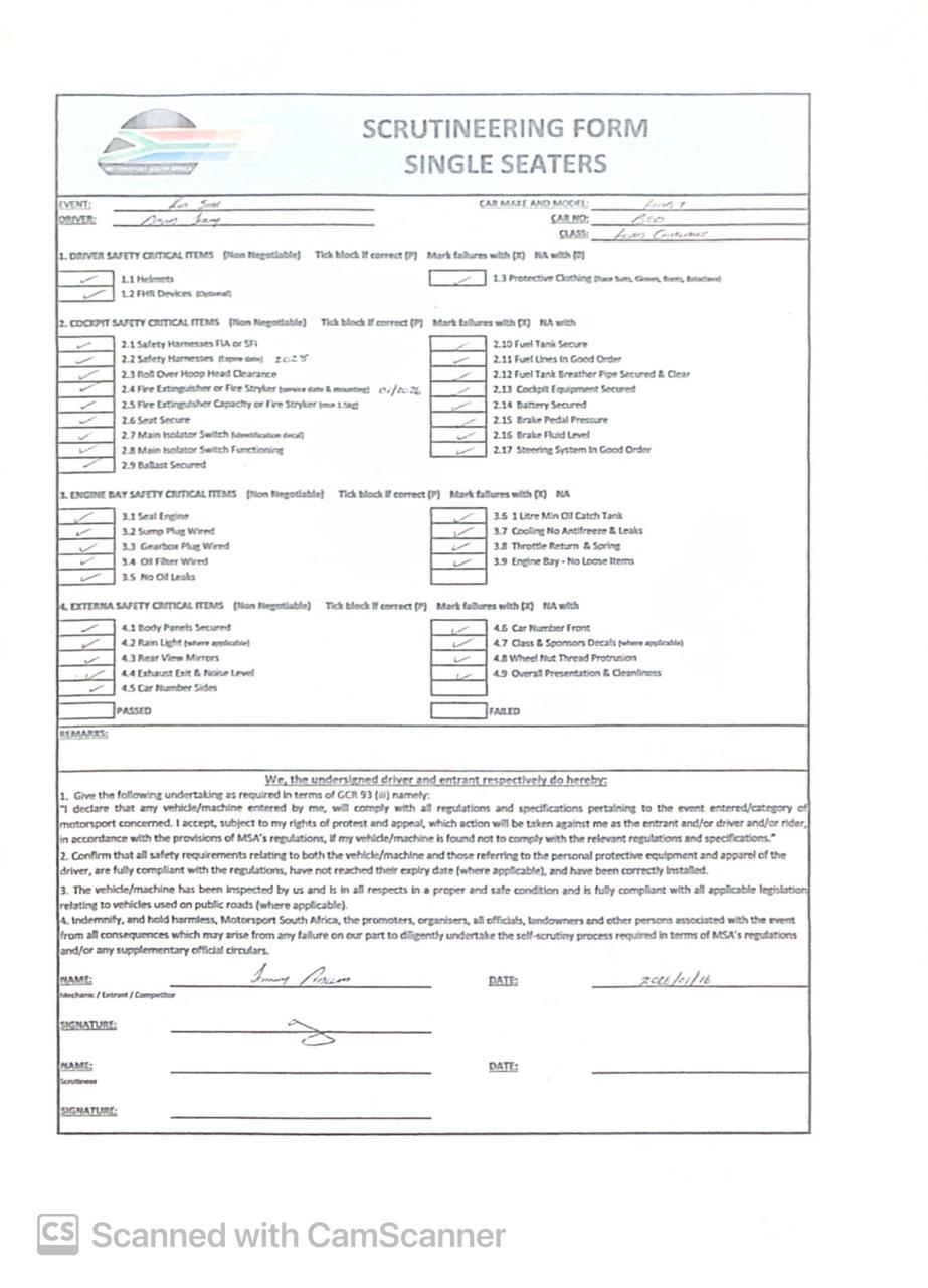 Signed Scrutineering Form