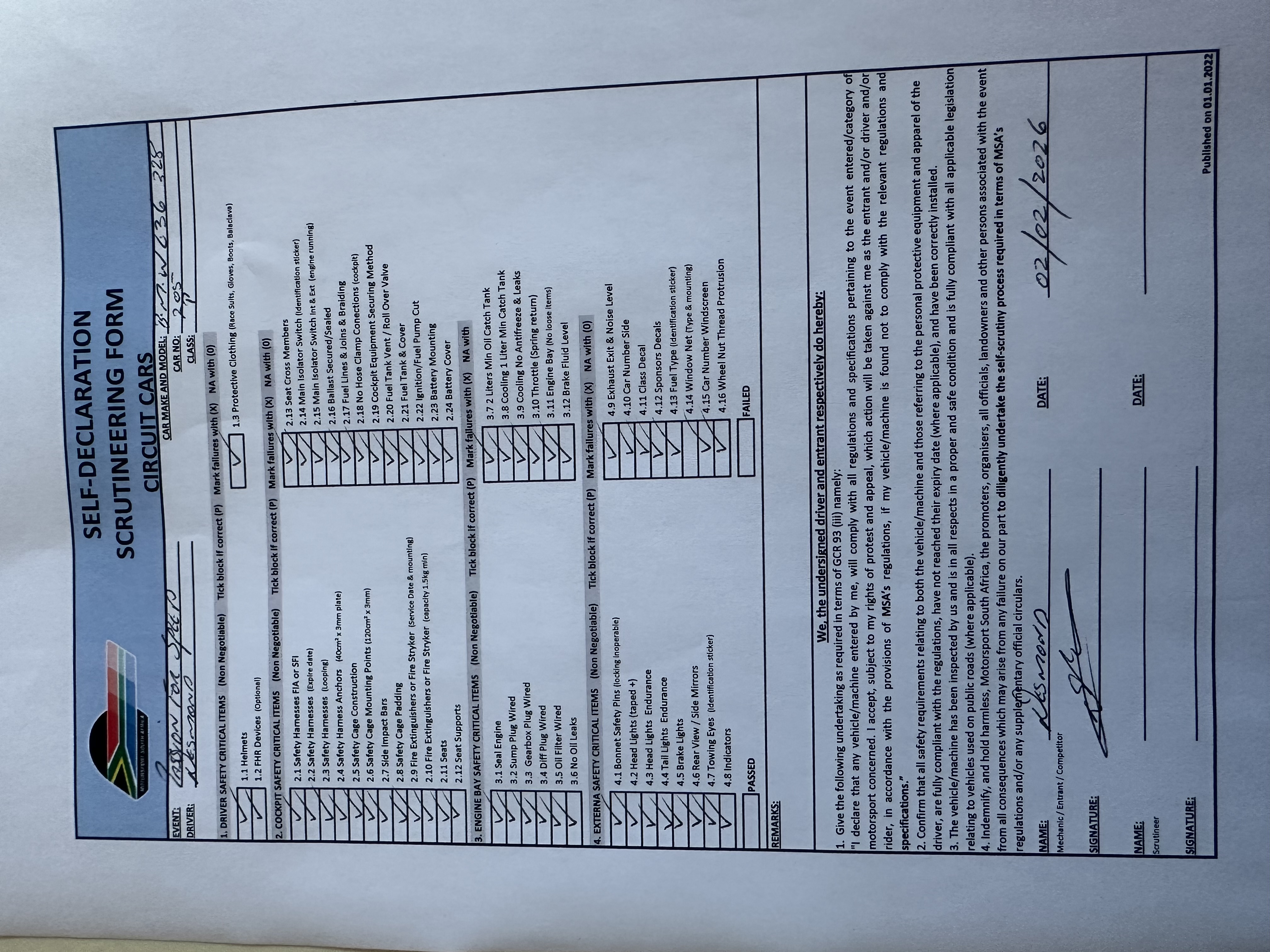 Signed Scrutineering Form